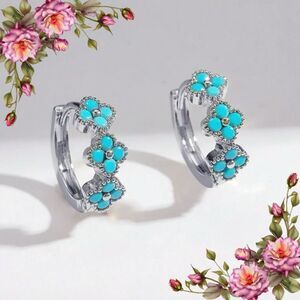 Fake Turquoise Floral Hoop Earrings
